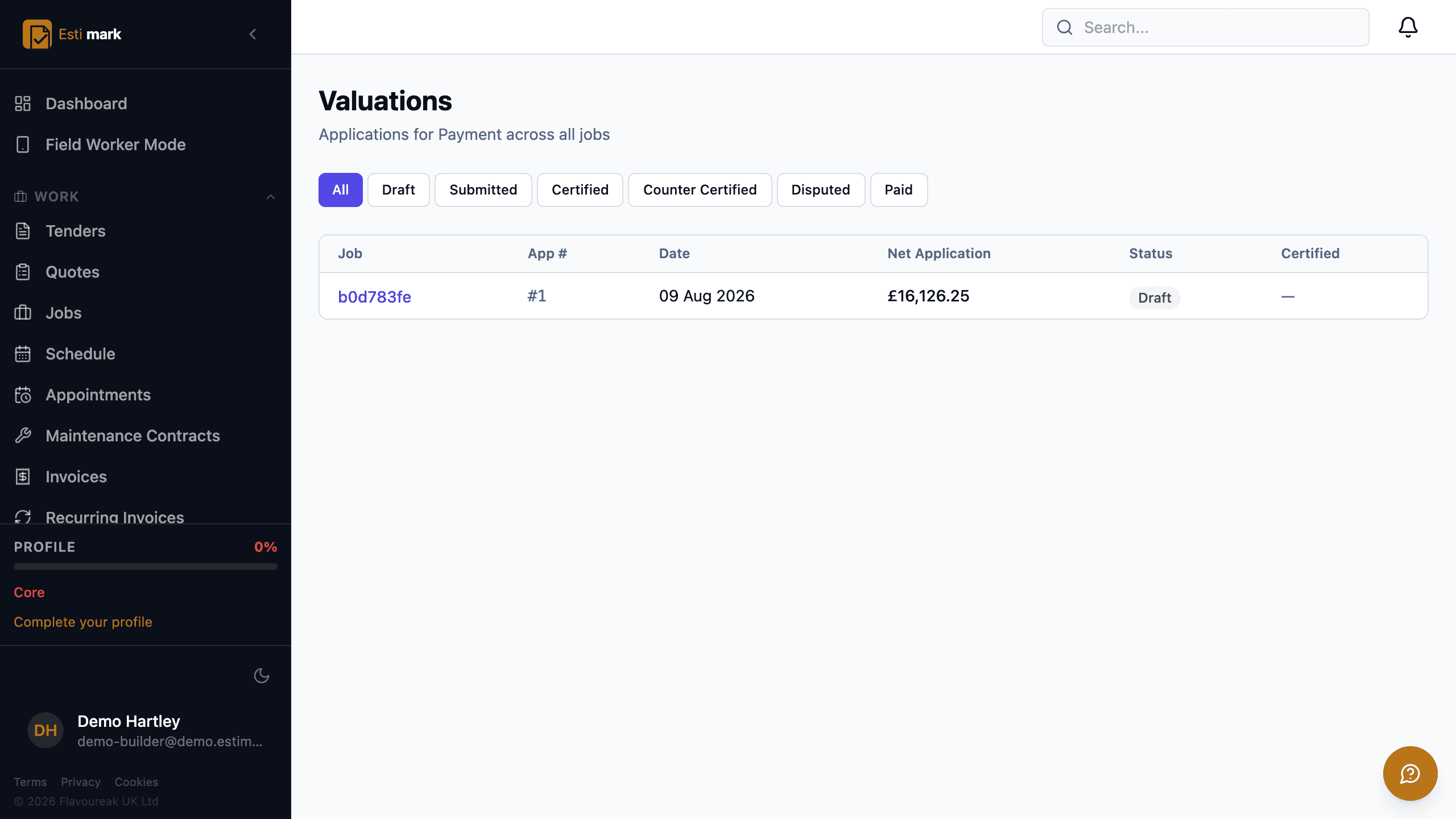 The valuations screen, listing an application for payment against a job with its application number, date, net value and stage.