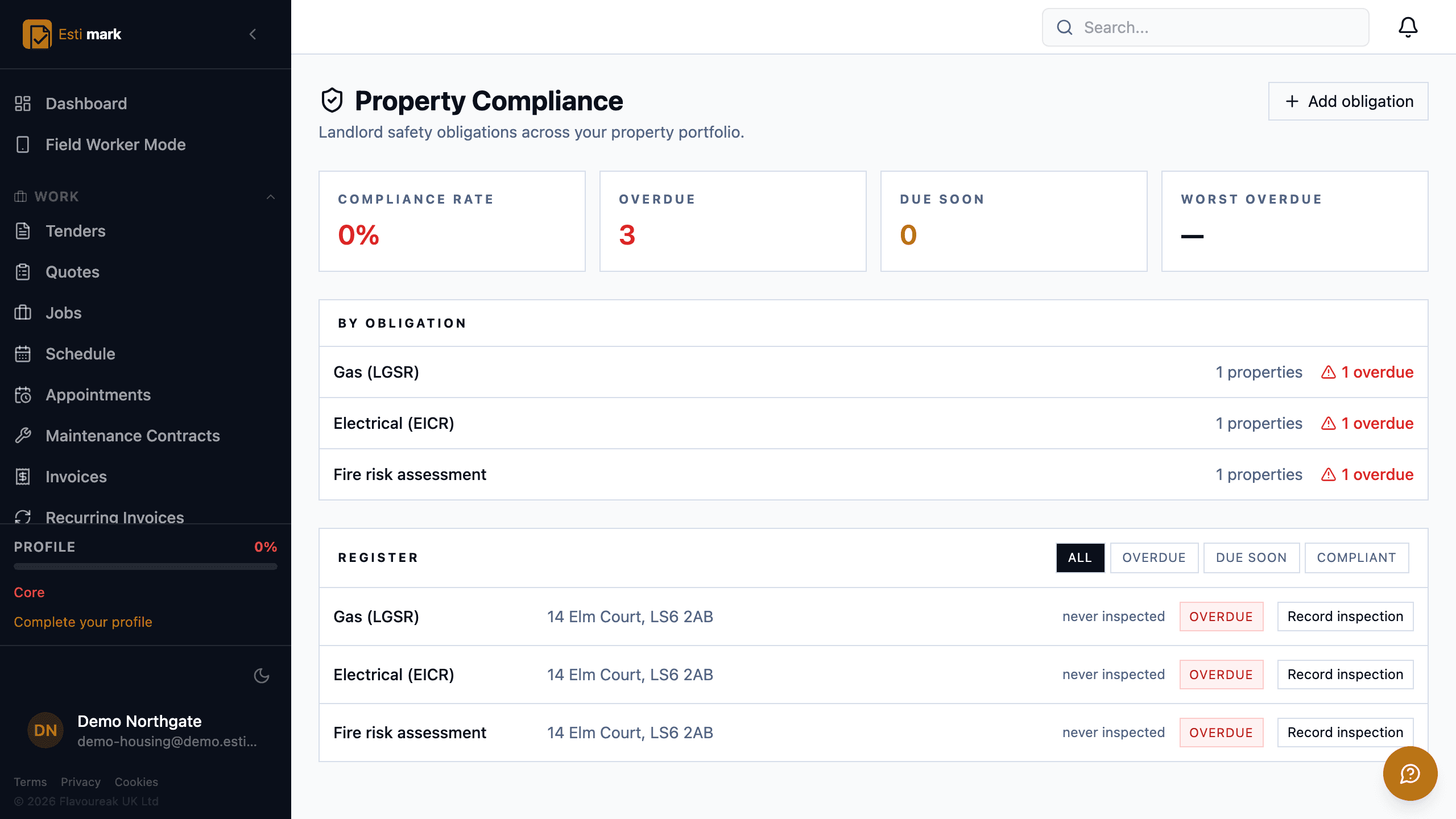 Landlord compliance records per property, showing gas safety and EICR renewal dates
