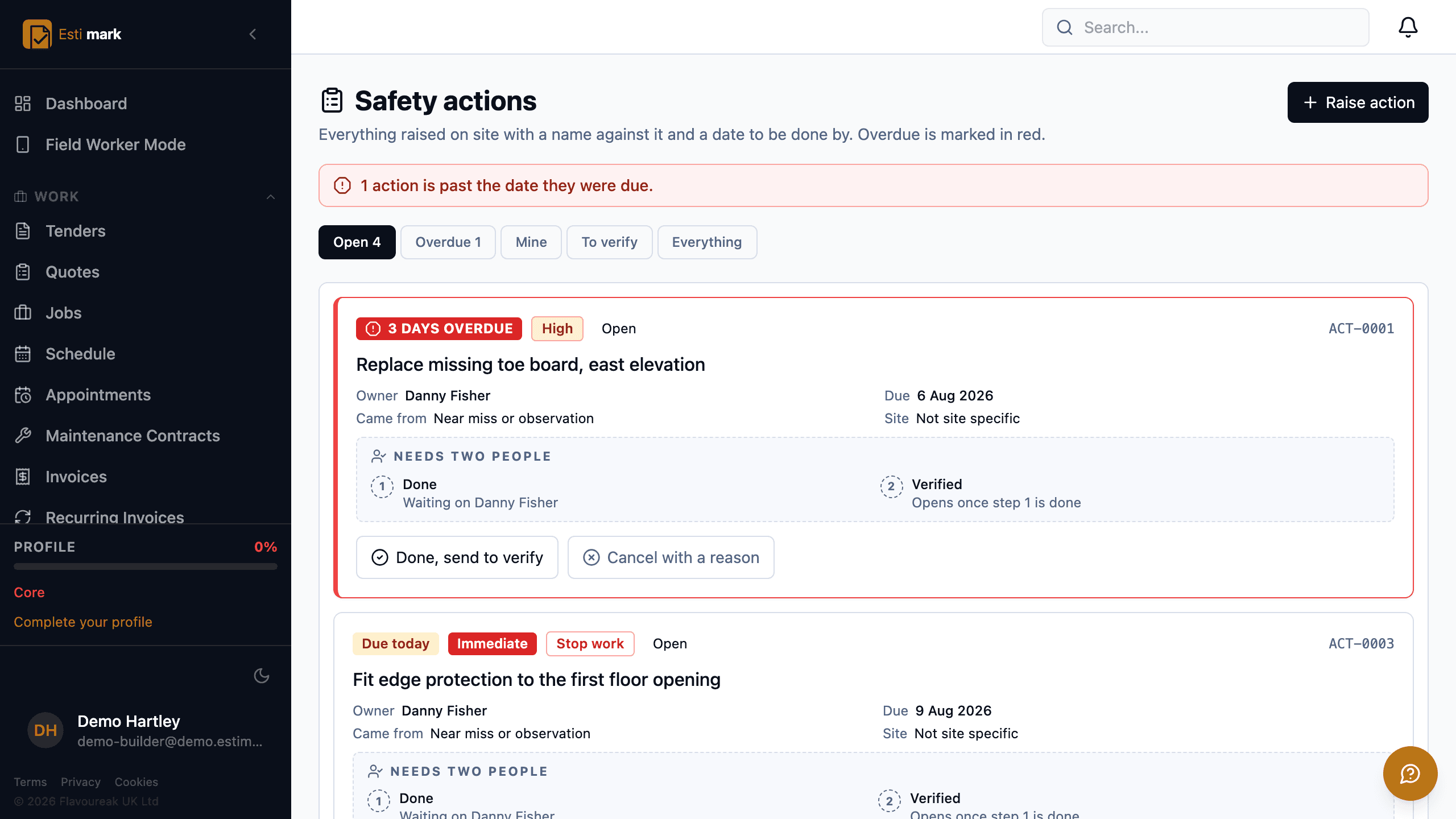 Safety actions with an item three days overdue, its owner named, and the two-person verification step for high-risk work