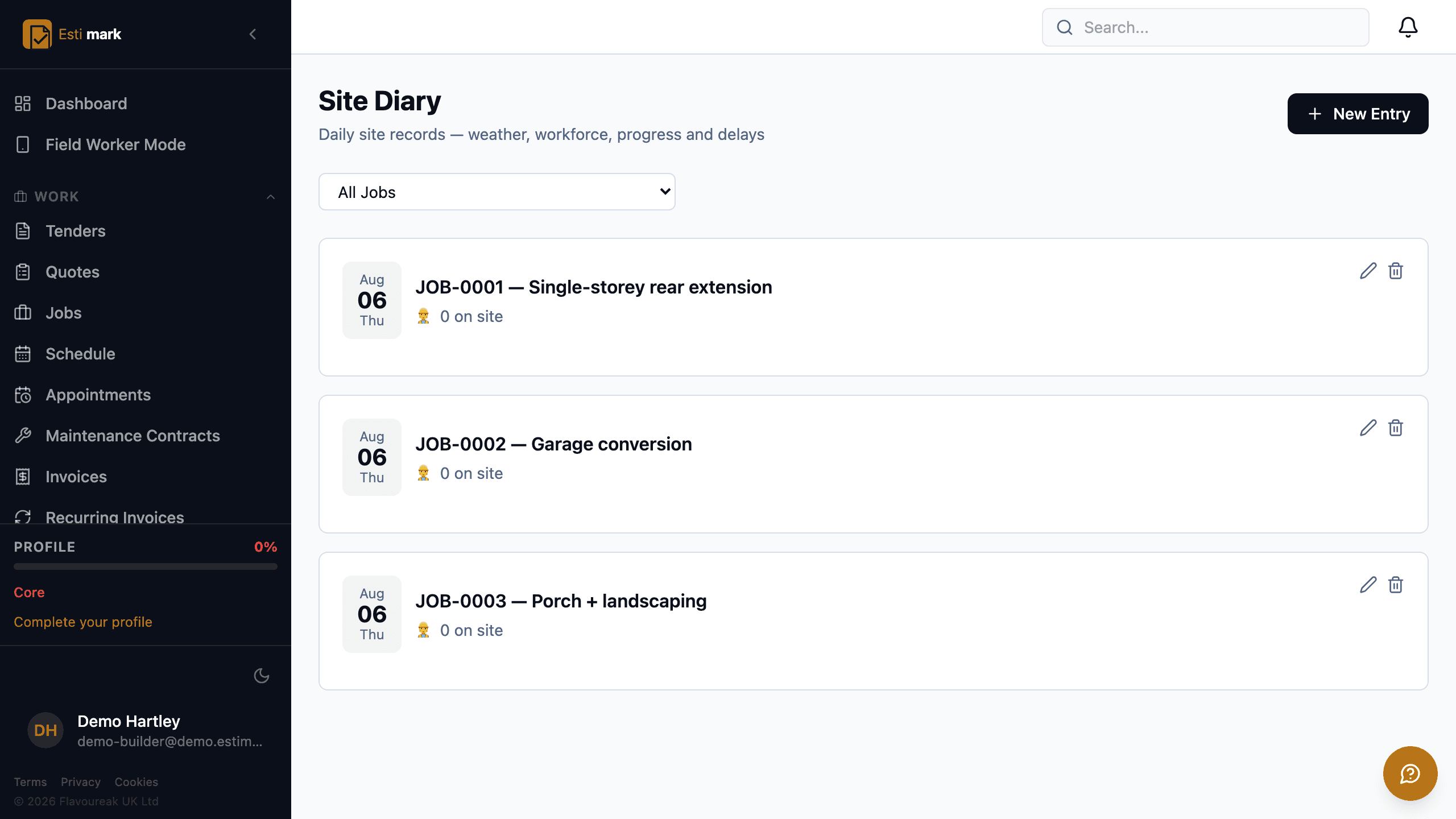 The site diary, with one dated entry per job and the number of people on site shown on each entry.