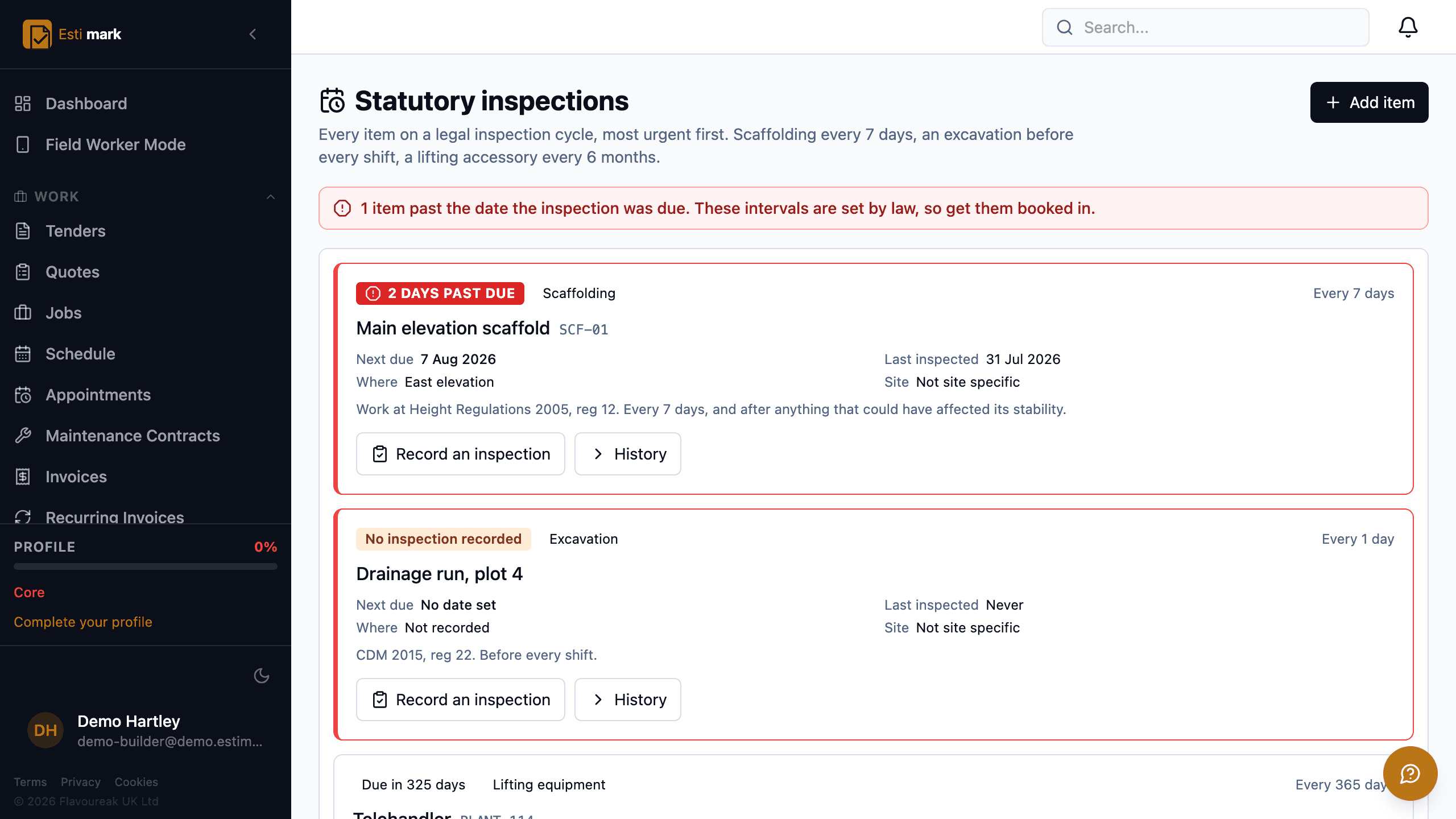 The statutory inspections list, with an overdue scaffold inspection at the top showing its seven-day interval and the regulation behind it, and an excavation due before every shift below.