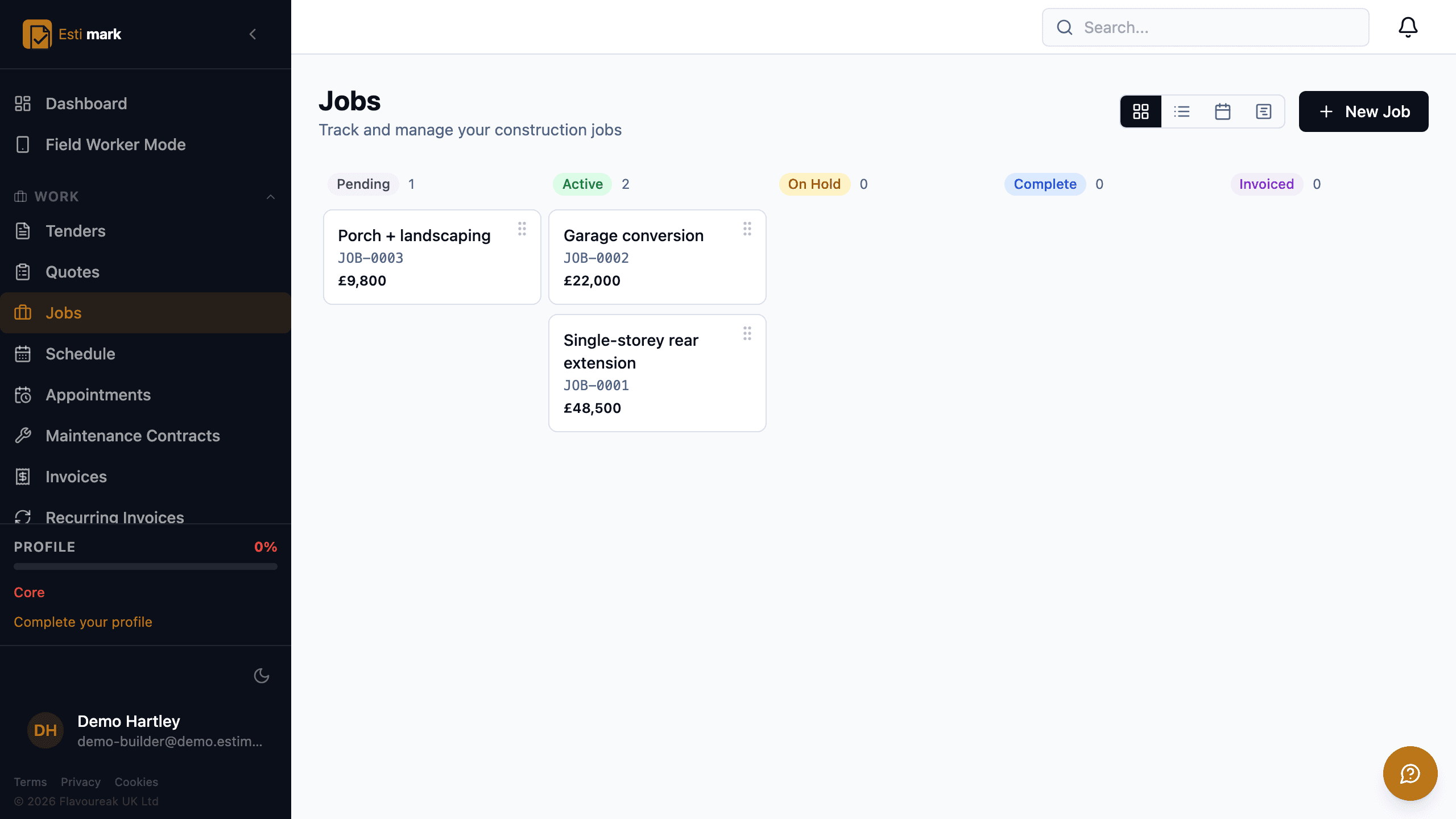 The job board, with columns for pending, active, on hold, complete and invoiced, and each job card showing its number and value.