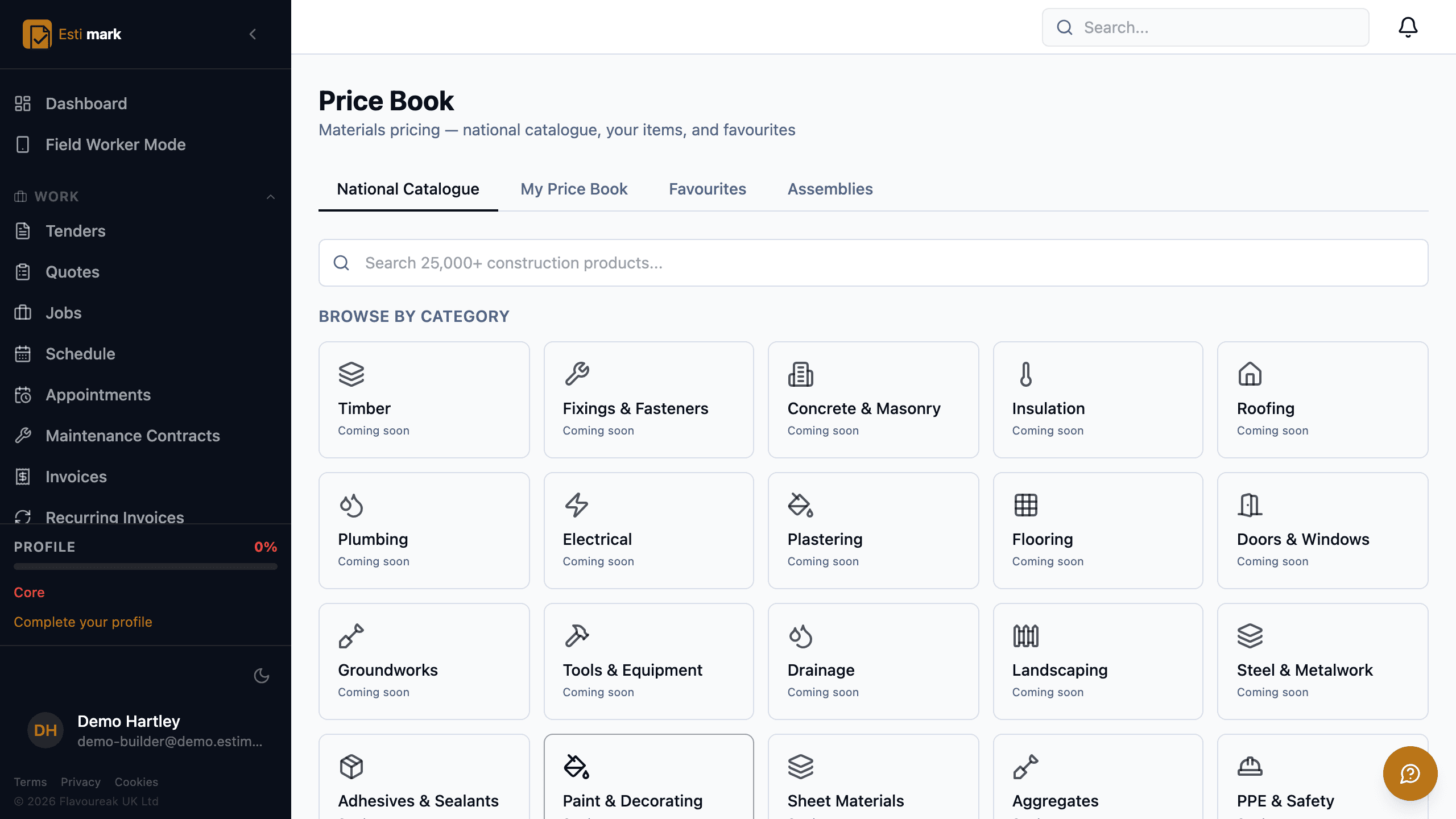The price book, with a searchable national materials catalogue of construction products and separate tabs for your own items, your favourites and your assemblies.