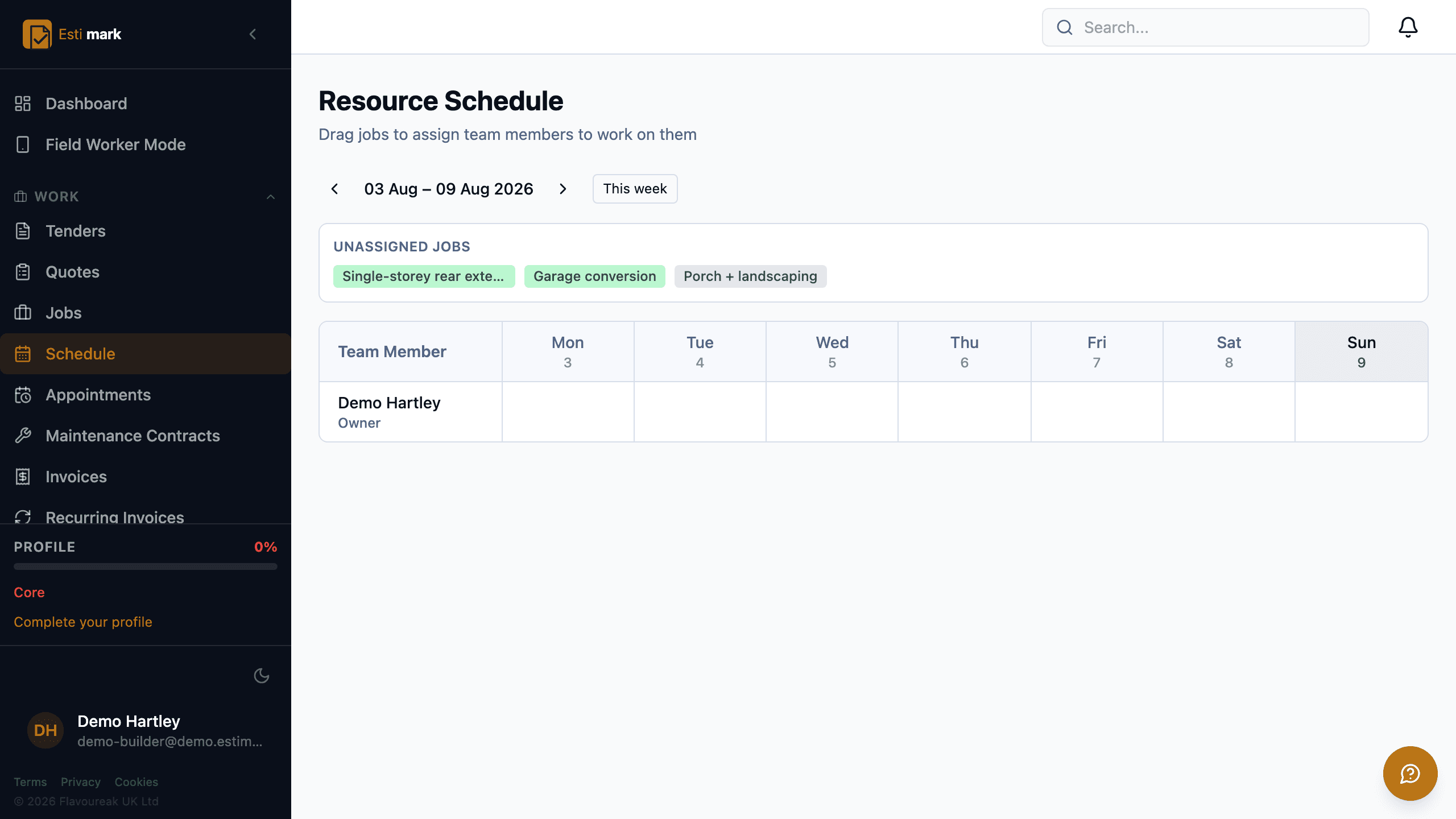 The resource schedule for one week, with team members down the side, days across the top and unassigned jobs in a strip ready to drag onto the grid.