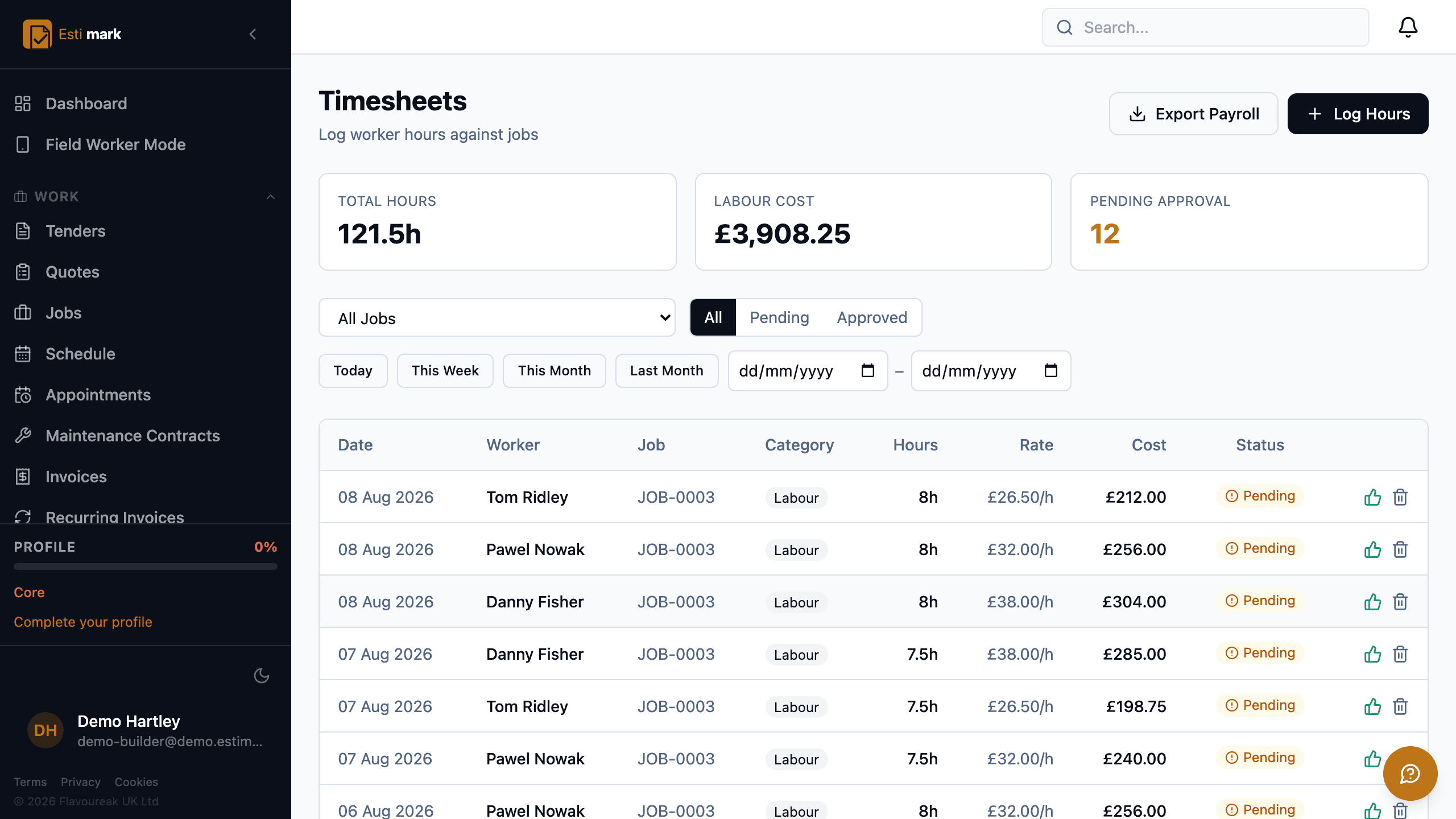The timesheet screen, with total hours, labour cost and the number still awaiting approval across the top, then a row for each entry giving the worker, the job, the hours, the rate and the cost, and a payroll export button.