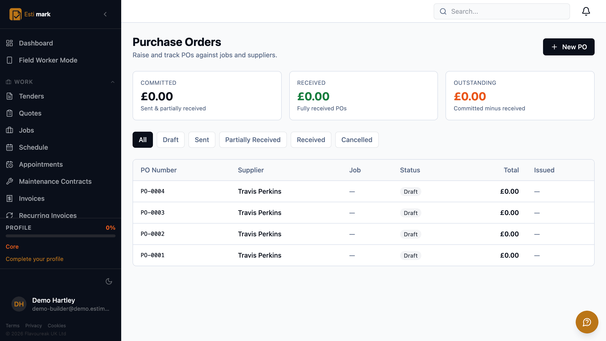 A purchase order to a merchant with line items priced against the job